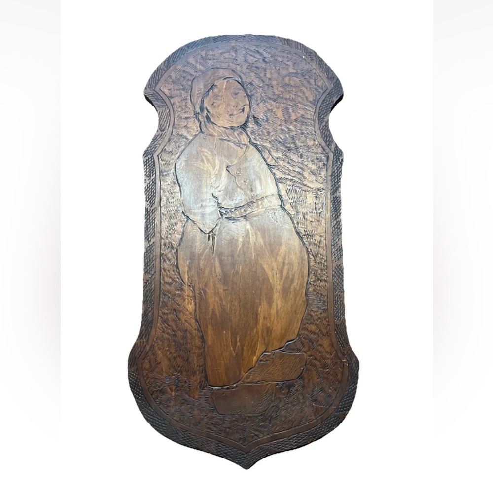 Vintage Wooden Carved Wall Art Scandinavian Nordic Woman In Clogs
